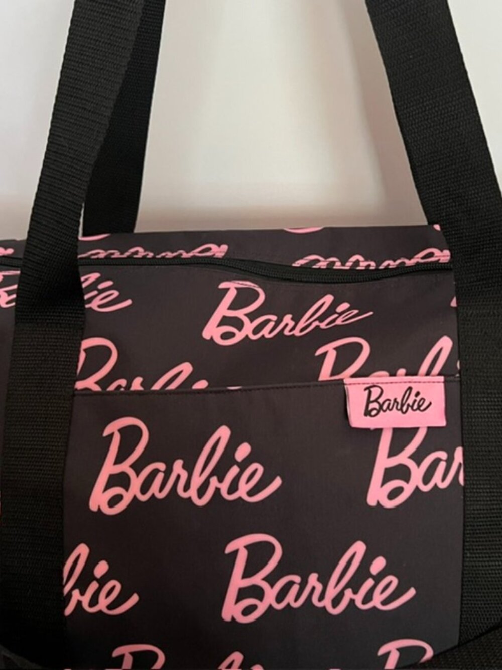 Barbie Large Weekender Travel Duffle Bag Black with All-over Pink Logos NWOT - Picture 2 of 7